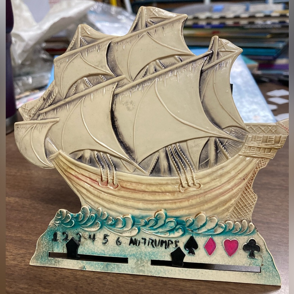 Elegant Cream and Brown Nautical Ship—Vintage Bridge Card Game Scorer